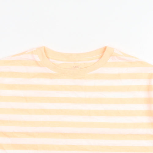 Marks and Spencer Girls Orange Striped Cotton Basic T-Shirt Size 7-8 Years Round Neck Pullover