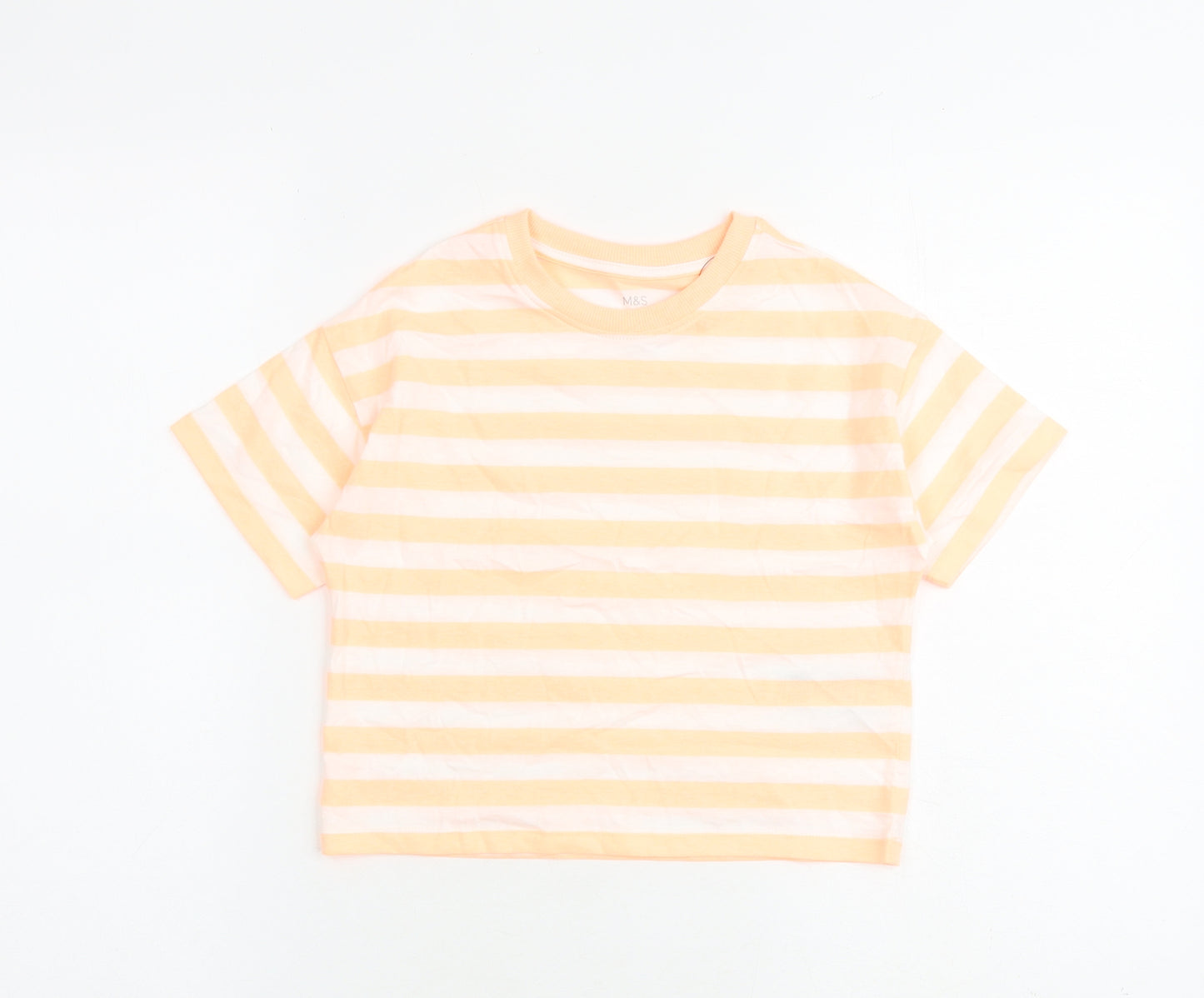 Marks and Spencer Girls Orange Striped Cotton Pullover T-Shirt Size 6-7 Years Round Neck Pullover