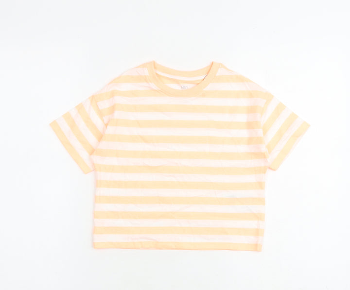 Marks and Spencer Girls Orange Striped Cotton Pullover T-Shirt Size 6-7 Years Round Neck Pullover