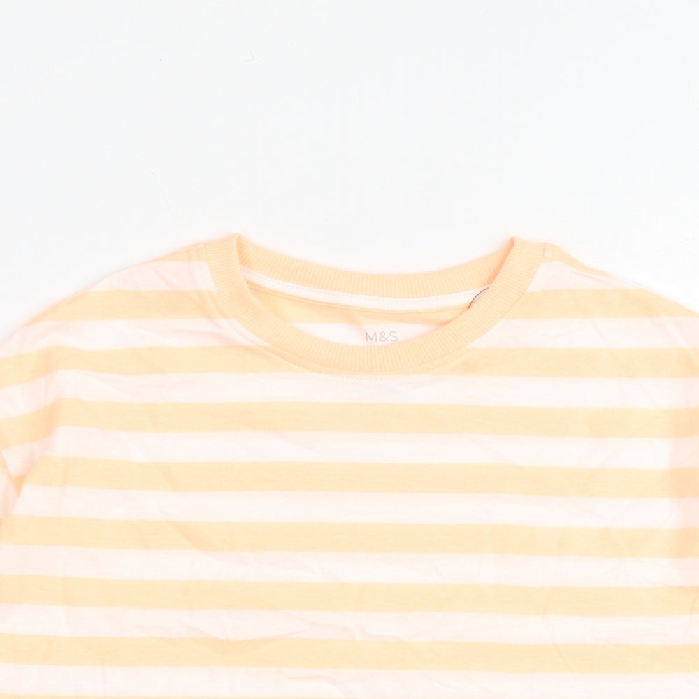 Marks and Spencer Girls Orange Striped Cotton Pullover T-Shirt Size 6-7 Years Round Neck Pullover