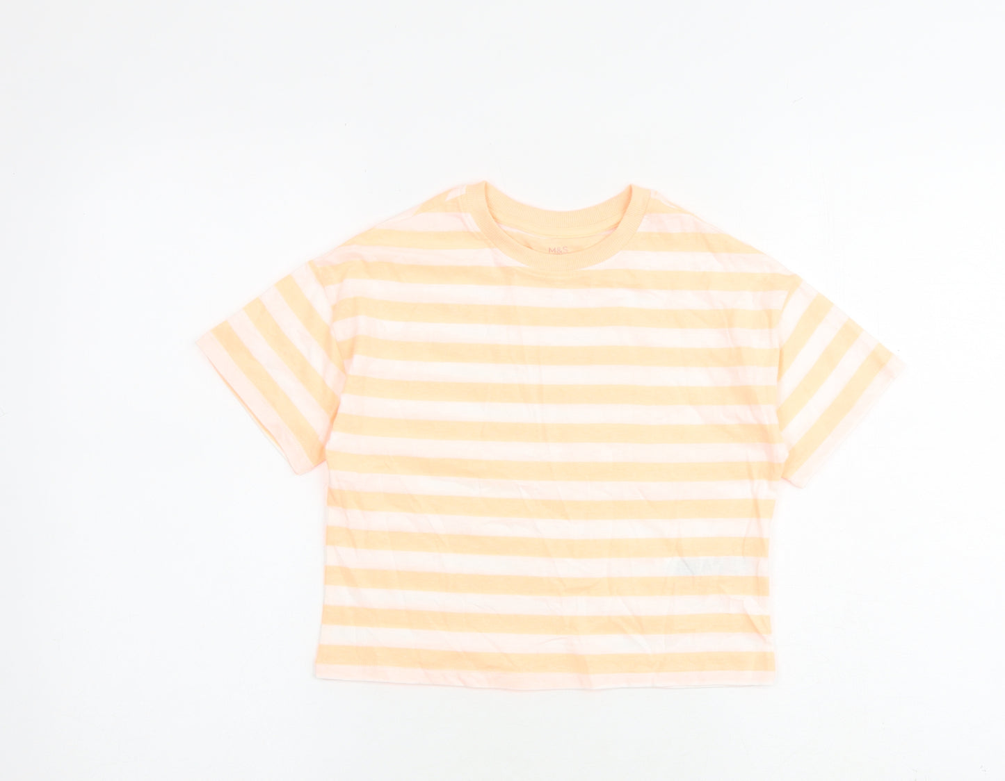 Marks and Spencer Girls Orange Striped Cotton Basic T-Shirt Size 7-8 Years Round Neck Pullover