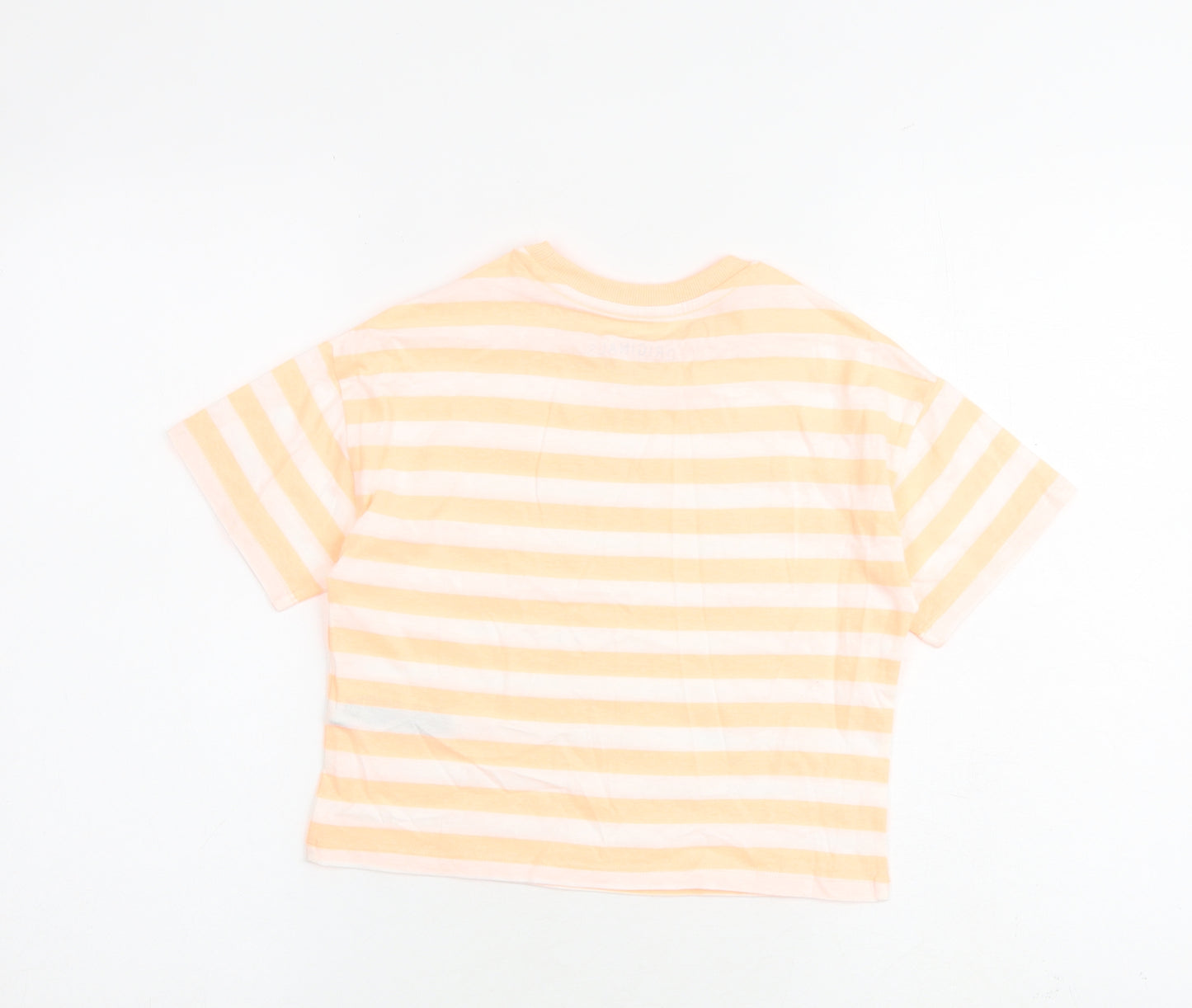 Marks and Spencer Girls Orange Striped Cotton Basic T-Shirt Size 7-8 Years Round Neck Pullover