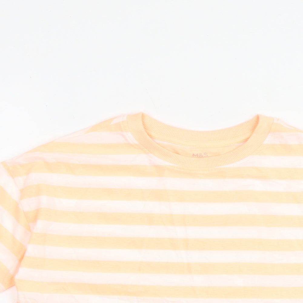 Marks and Spencer Girls Orange Striped Cotton Basic T-Shirt Size 7-8 Years Round Neck Pullover