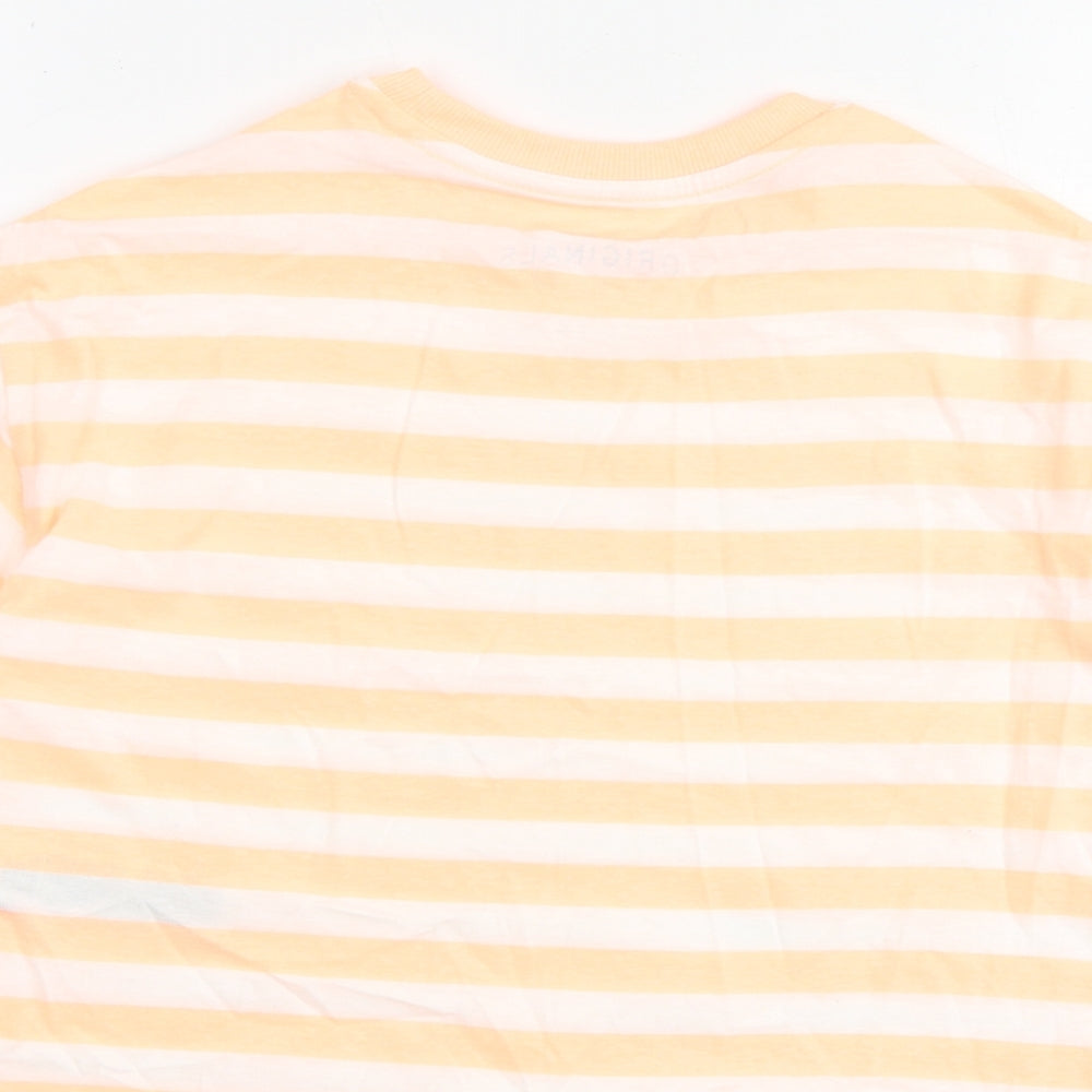 Marks and Spencer Girls Orange Striped Cotton Basic T-Shirt Size 7-8 Years Round Neck Pullover