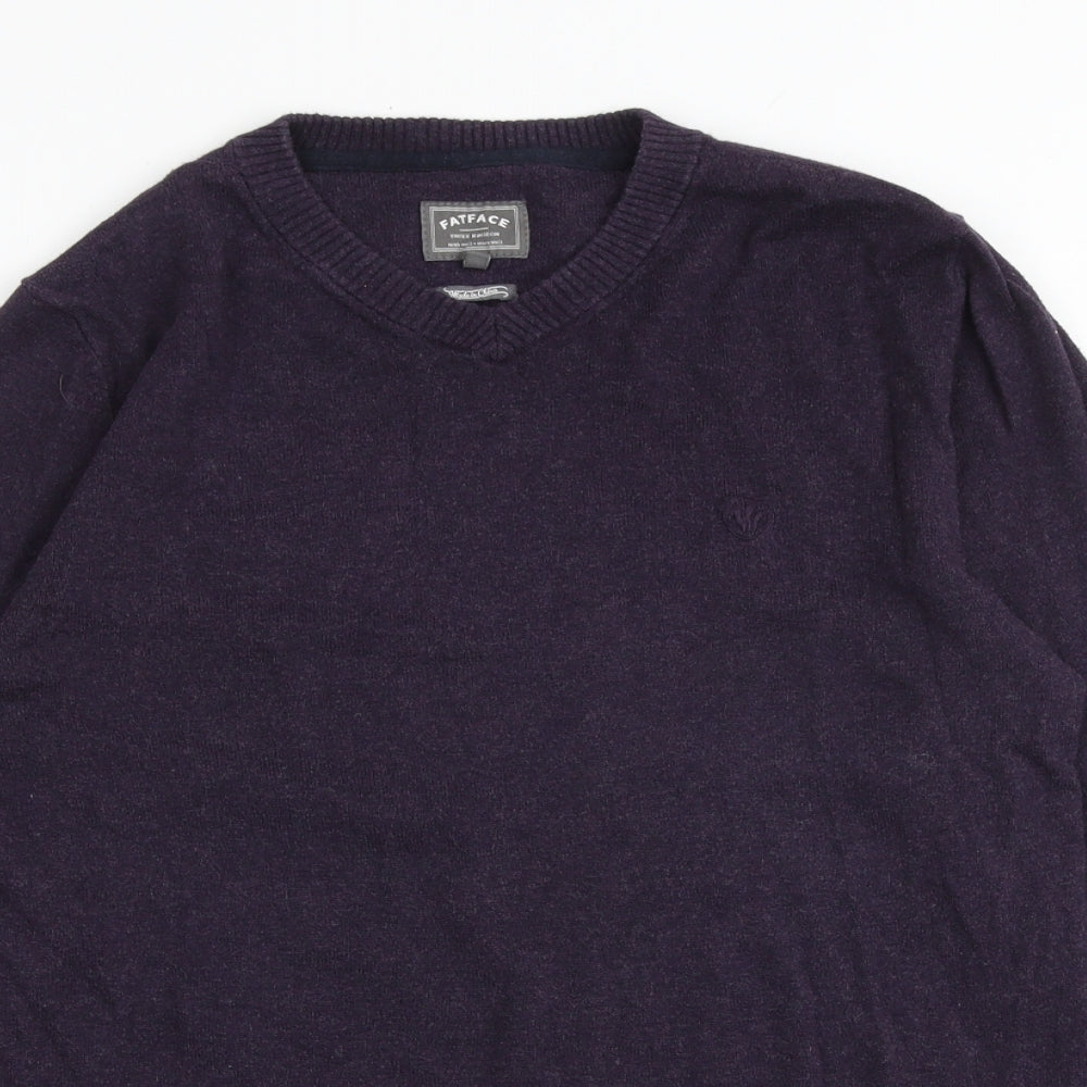 Fat Face Mens Purple V-Neck Cotton Pullover Jumper Size M Long Sleeve