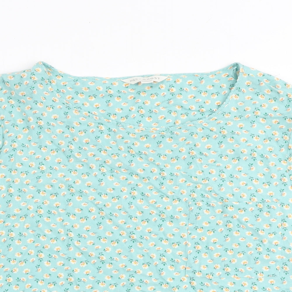 Marks and Spencer Womens Green Floral Viscose Basic Blouse Size 20 Round Neck