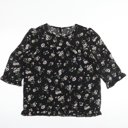 Allegra K Womens Black Floral Polyester Basic Blouse Size S Round Neck