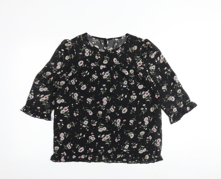 Allegra K Womens Black Floral Polyester Basic Blouse Size S Round Neck