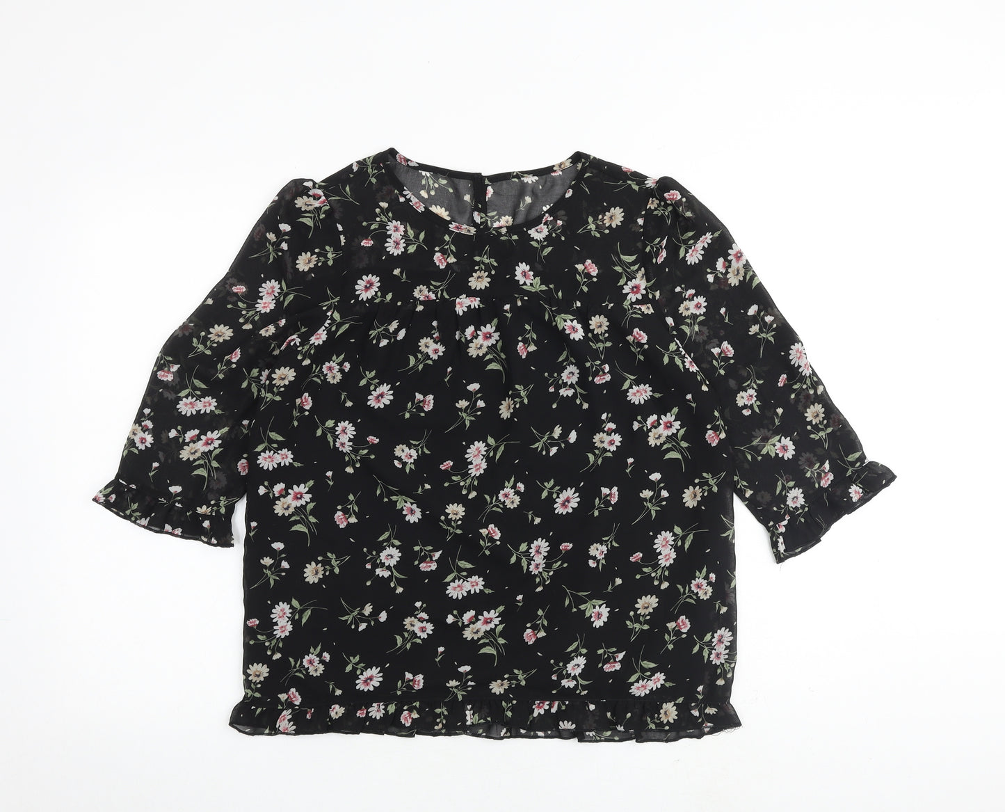 Allegra K Womens Black Floral Polyester Basic Blouse Size S Round Neck