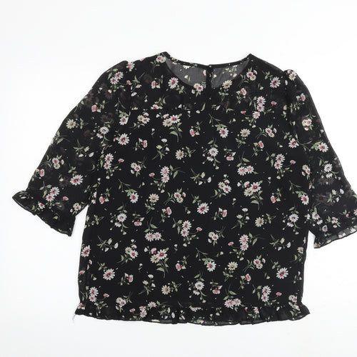 Allegra K Womens Black Floral Polyester Basic Blouse Size S Round Neck