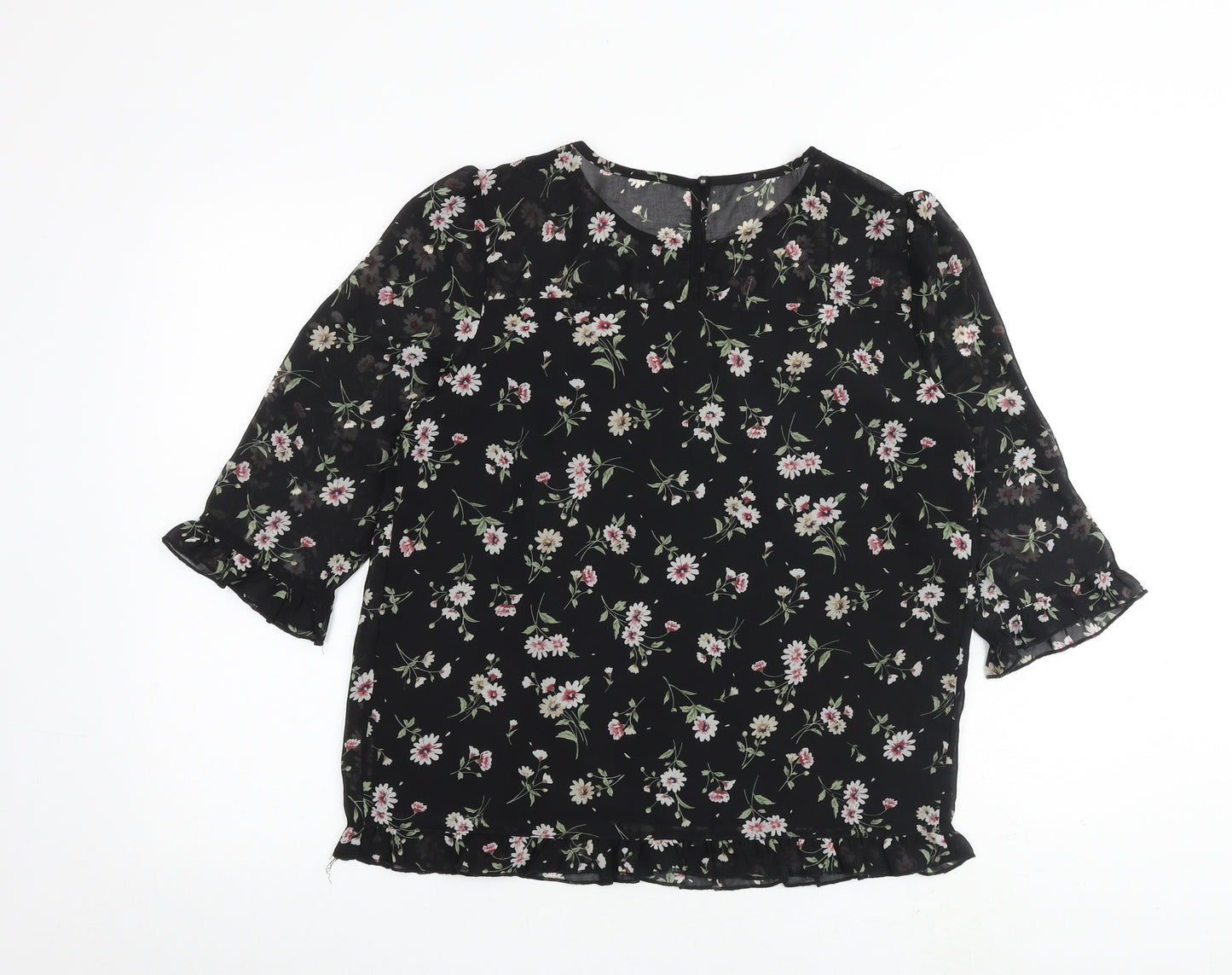 Allegra K Womens Black Floral Polyester Basic Blouse Size S Round Neck