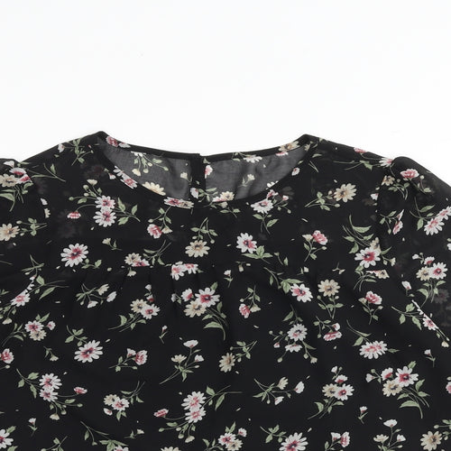 Allegra K Womens Black Floral Polyester Basic Blouse Size S Round Neck
