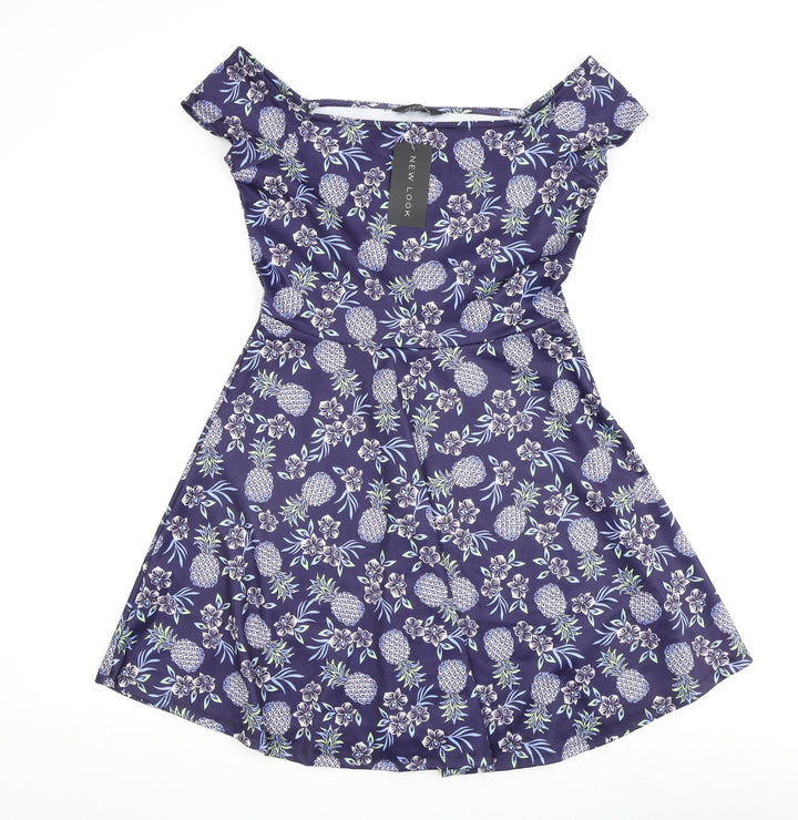 New Look Womens Purple Floral Polyester A-Line Size 10 Off the Shoulder Pullover