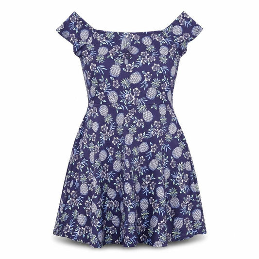 Front view of New Look women’s purple floral polyester a-line, size UK 10, off the shoulder pullover