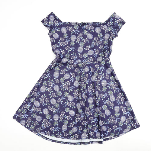 New Look Womens Purple Floral Polyester A-Line Size 10 Off the Shoulder Pullover