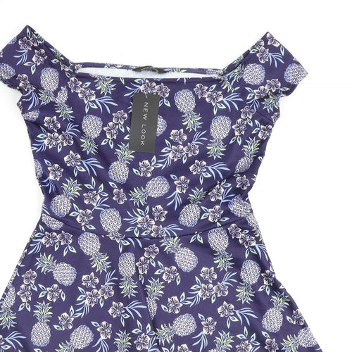 New Look Womens Purple Floral Polyester A-Line Size 10 Off the Shoulder Pullover