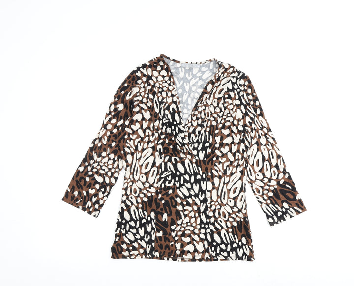 Marks and Spencer Womens Brown Animal Print Viscose Basic Blouse Size 12 V-Neck