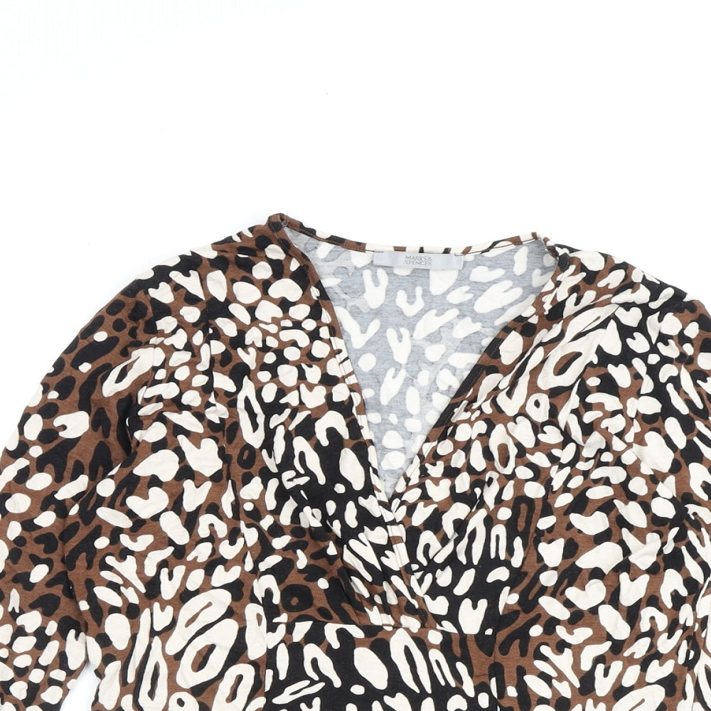 Marks and Spencer Womens Brown Animal Print Viscose Basic Blouse Size 12 V-Neck