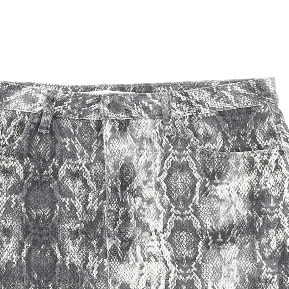 Zara Womens Grey Animal Print Cotton A-Line Skirt Size M Zip