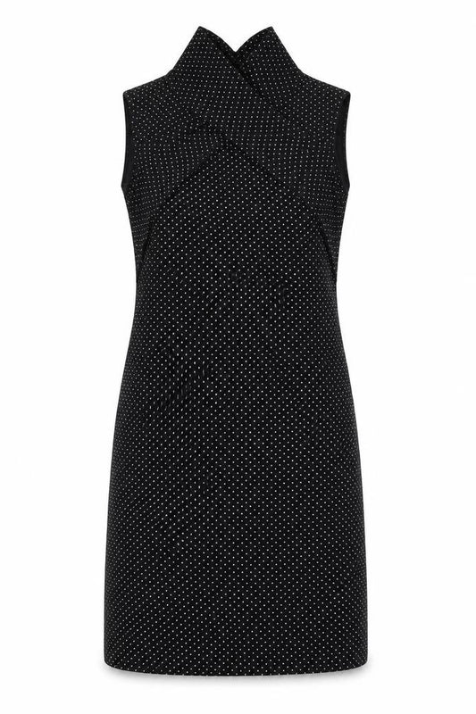 Front view of Roman women’s black polka dot viscose a-line, size UK 14, v-neck pullover