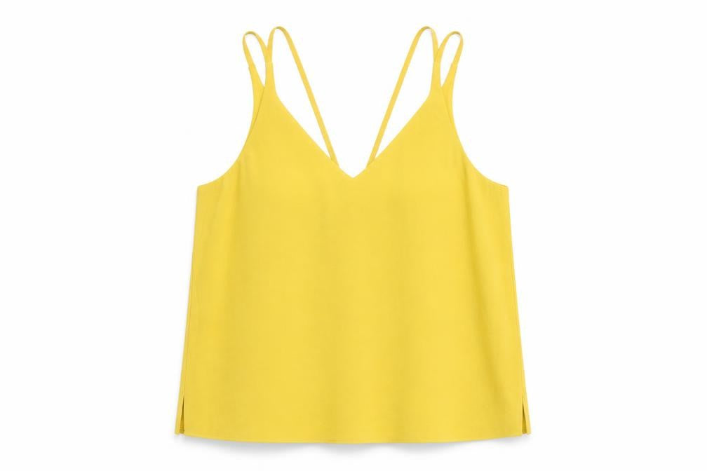 Front view of Topshop women’s yellow polyester camisole tank, size UK 12, v-neck