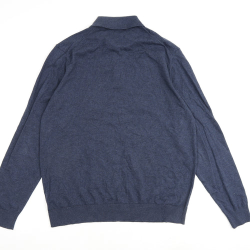 Marks and Spencer Mens Blue Collared Cotton Pullover Jumper Size L Long Sleeve