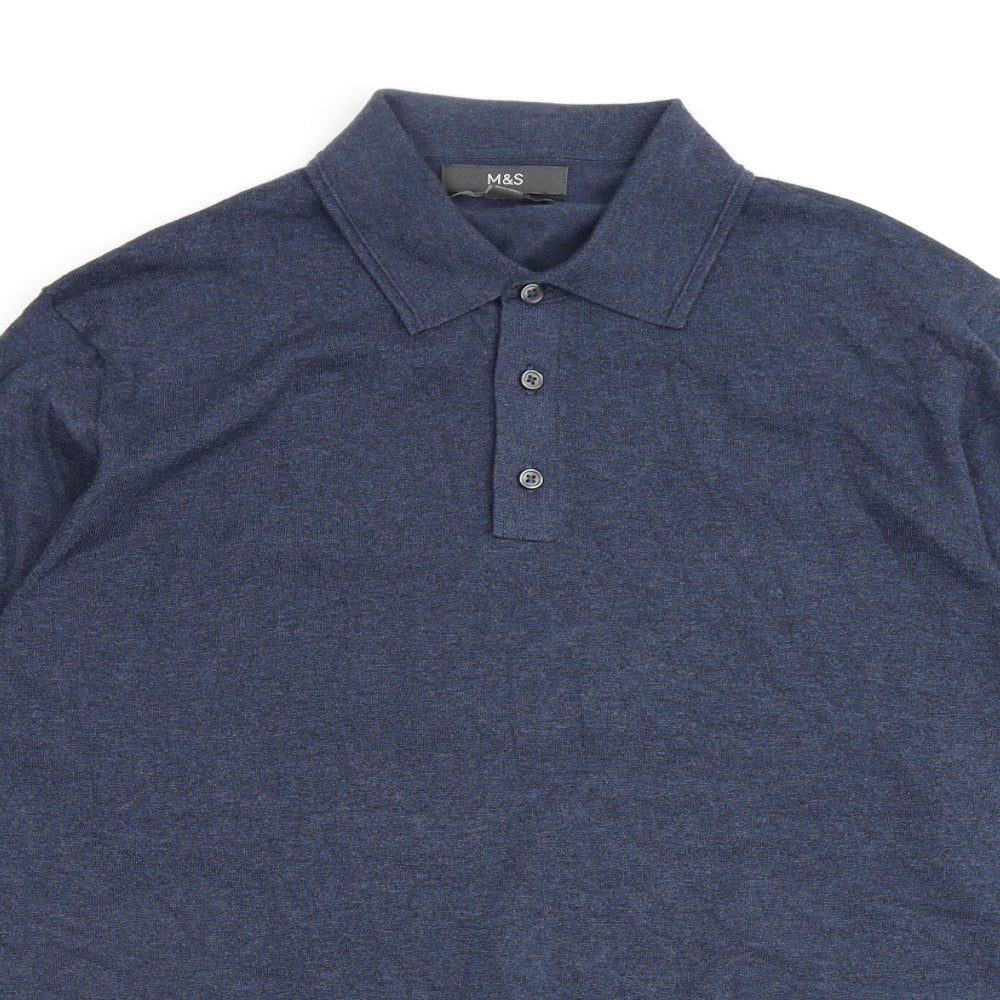 Marks and Spencer Mens Blue Collared Cotton Pullover Jumper Size L Long Sleeve