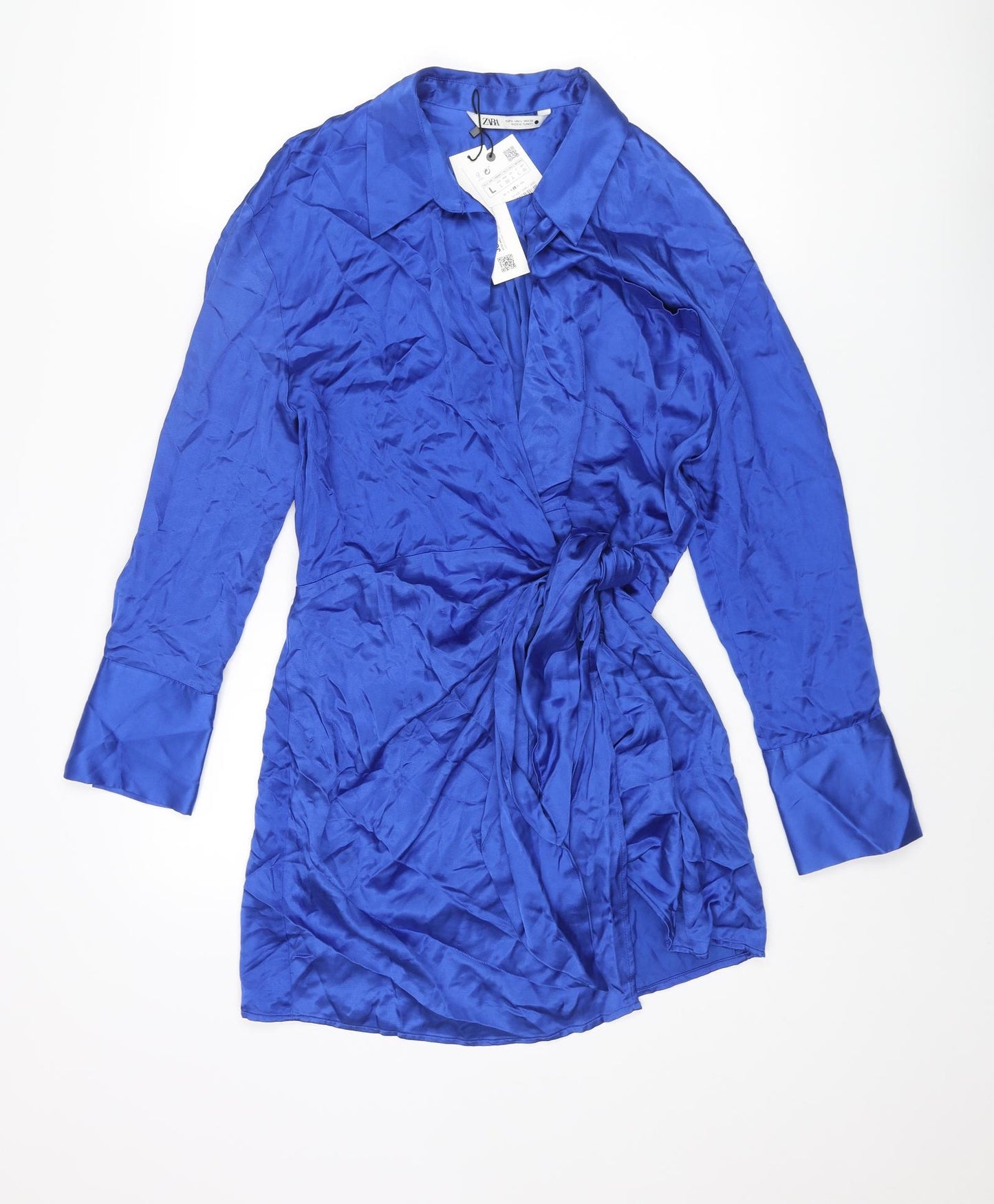 Zara Womens Blue Viscose Wrap Dress Size L Collared Tie