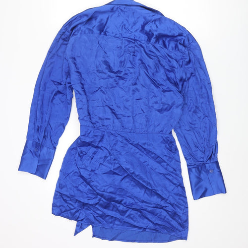 Zara Womens Blue Viscose Wrap Dress Size L Collared Tie