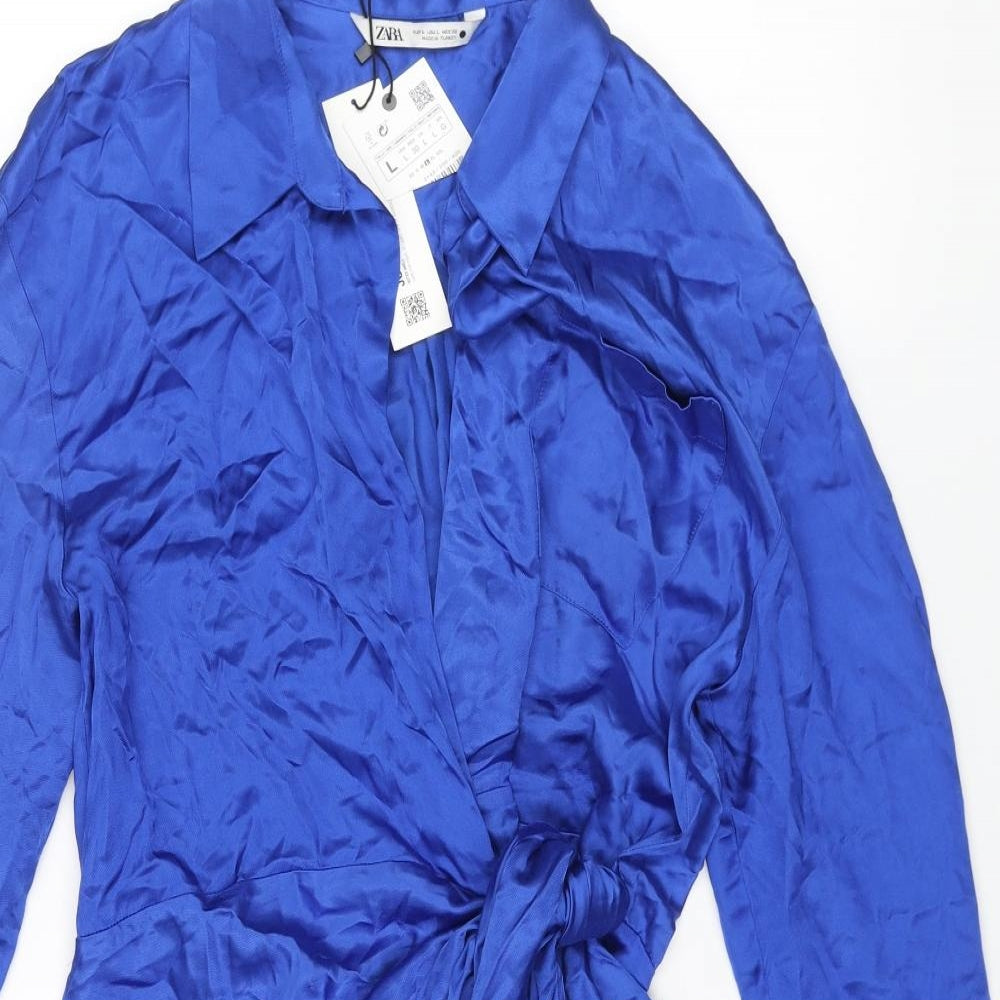 Zara Womens Blue Viscose Wrap Dress Size L Collared Tie