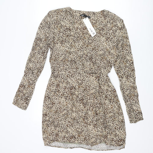 Zara Womens Beige Geometric Viscose Wrap Dress Size M V-Neck Button