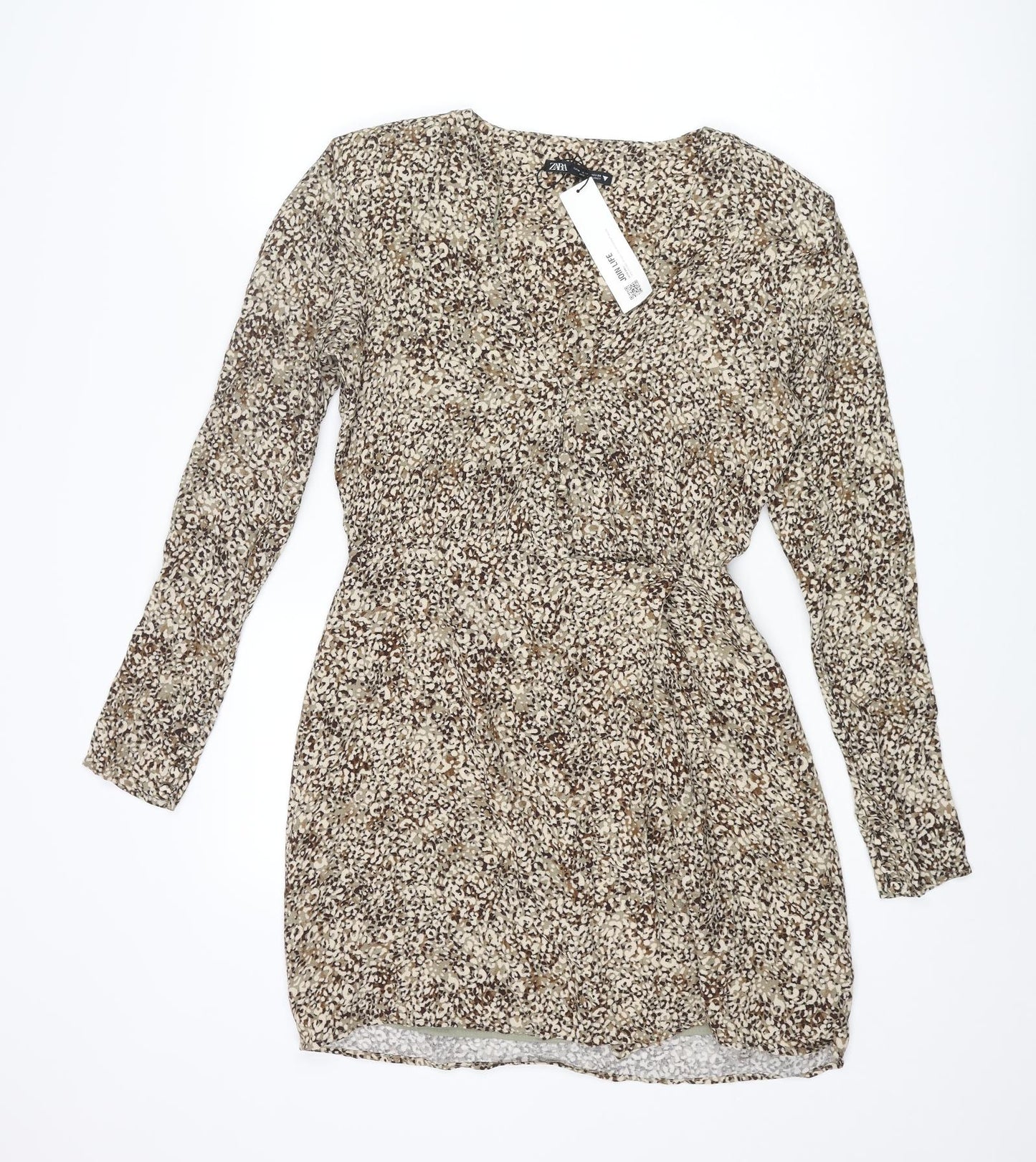 Zara Womens Beige Geometric Viscose Wrap Dress Size M V-Neck Button
