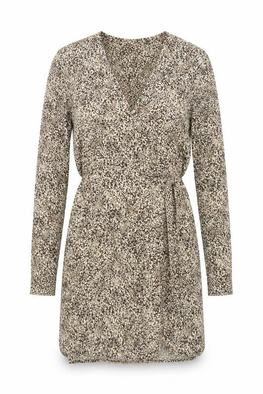 Front view of Zara women’s beige geometric viscose wrap dress, size M, v-neck button