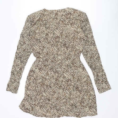 Zara Womens Beige Geometric Viscose Wrap Dress Size M V-Neck Button