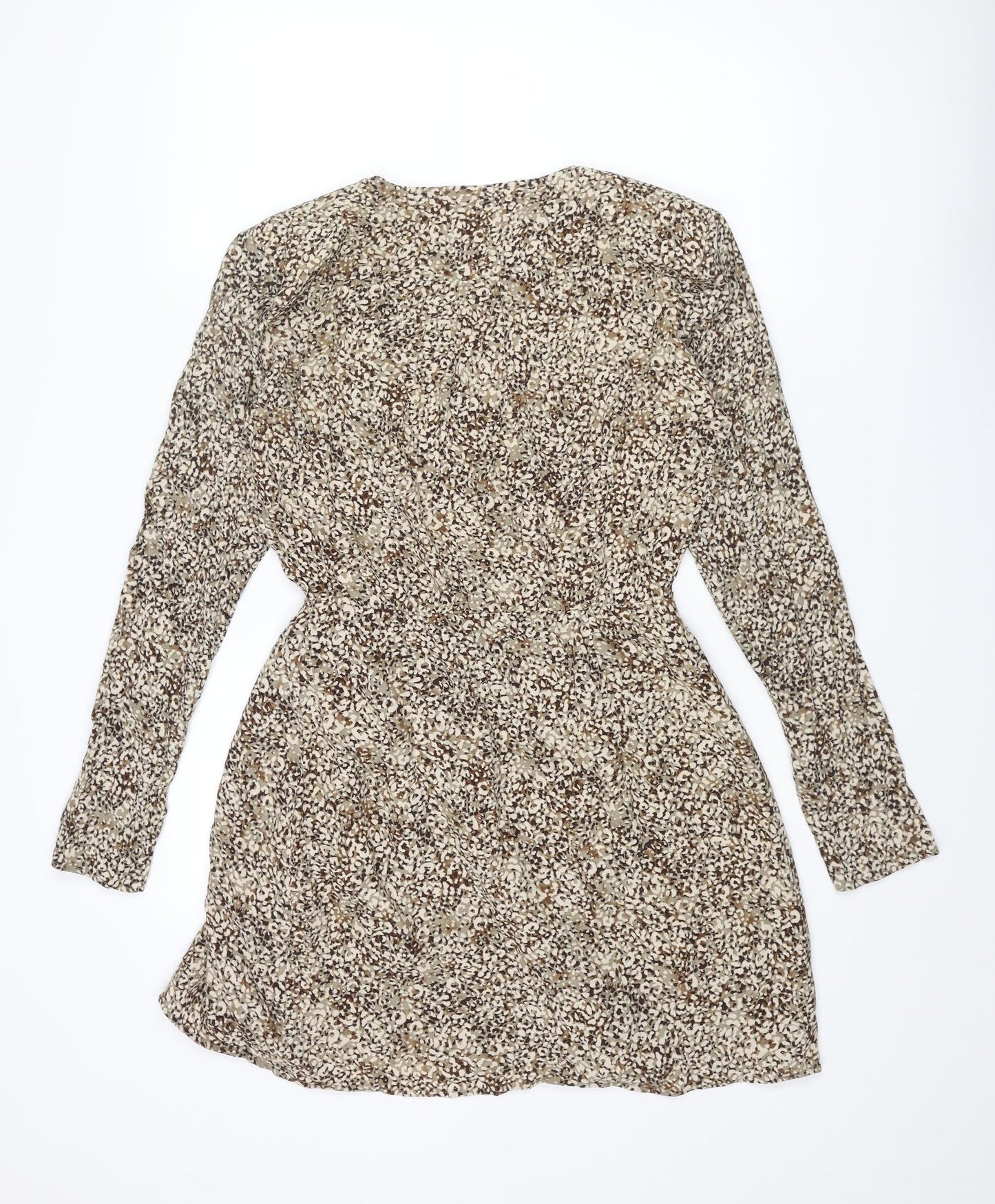 Zara Womens Beige Geometric Viscose Wrap Dress Size M V-Neck Button