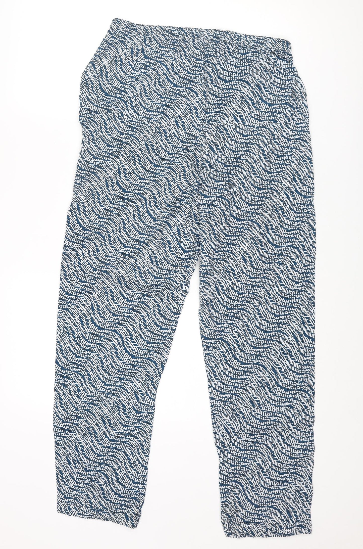 Marks and Spencer Womens Blue Geometric Viscose Trousers Size 12 L28 in Regular Drawstring