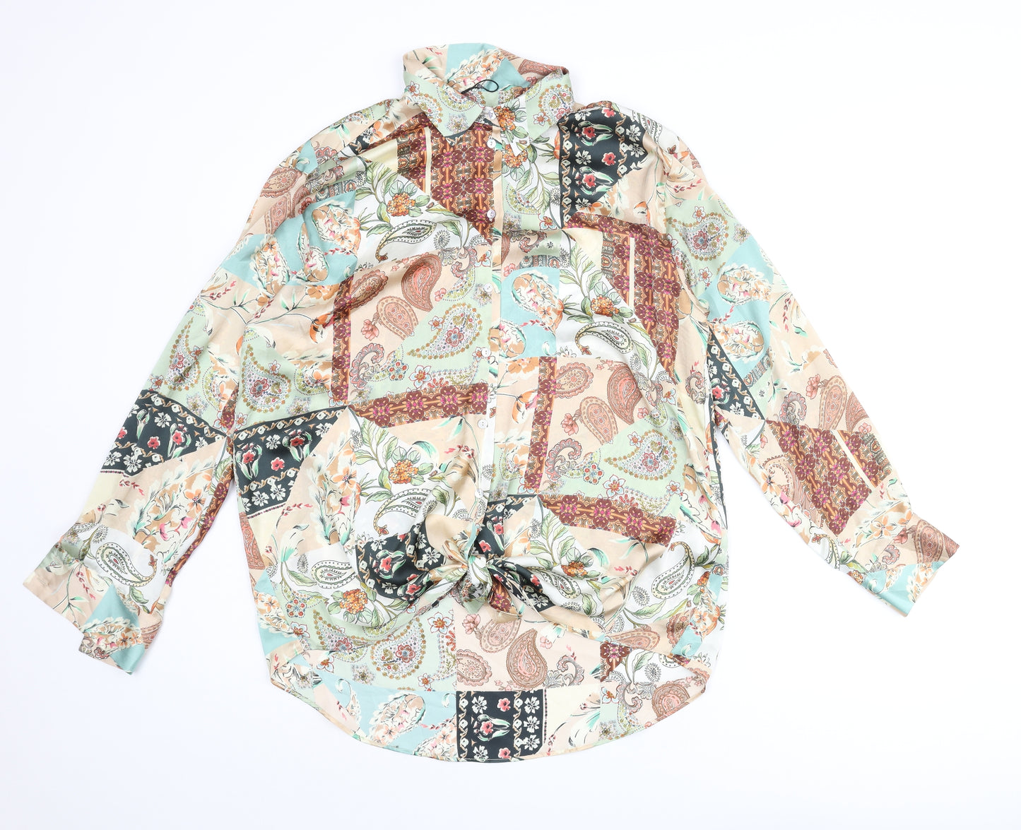 Zara Womens Multicoloured Geometric Polyester Basic Button-Up Size L Collared - Knot