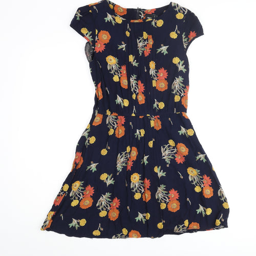 ASOS Womens Blue Floral Viscose Skater Dress Size 10 Round Neck Zip - Pleated