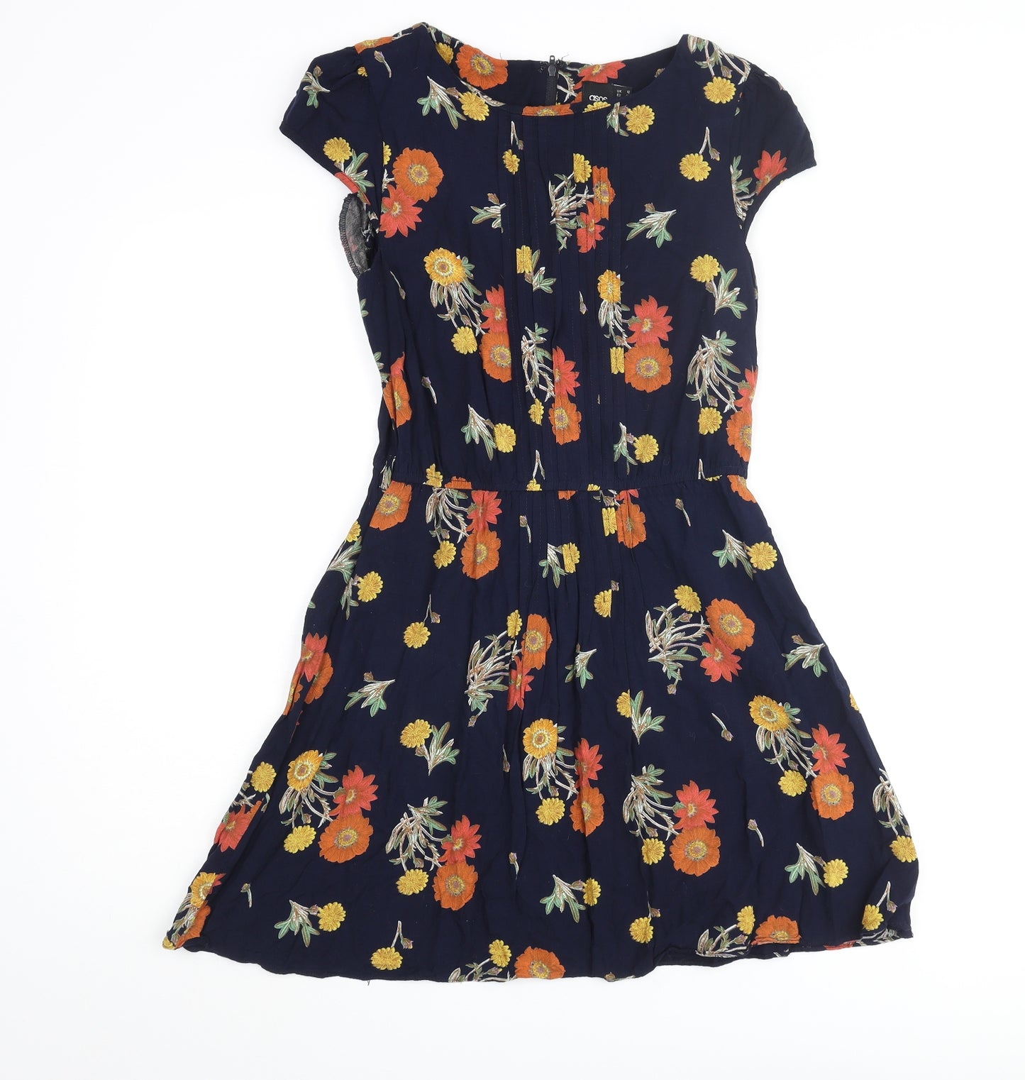 ASOS Womens Blue Floral Viscose Skater Dress Size 10 Round Neck Zip - Pleated
