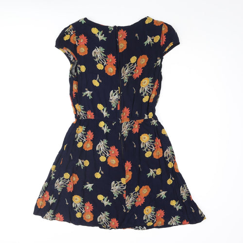 ASOS Womens Blue Floral Viscose Skater Dress Size 10 Round Neck Zip - Pleated
