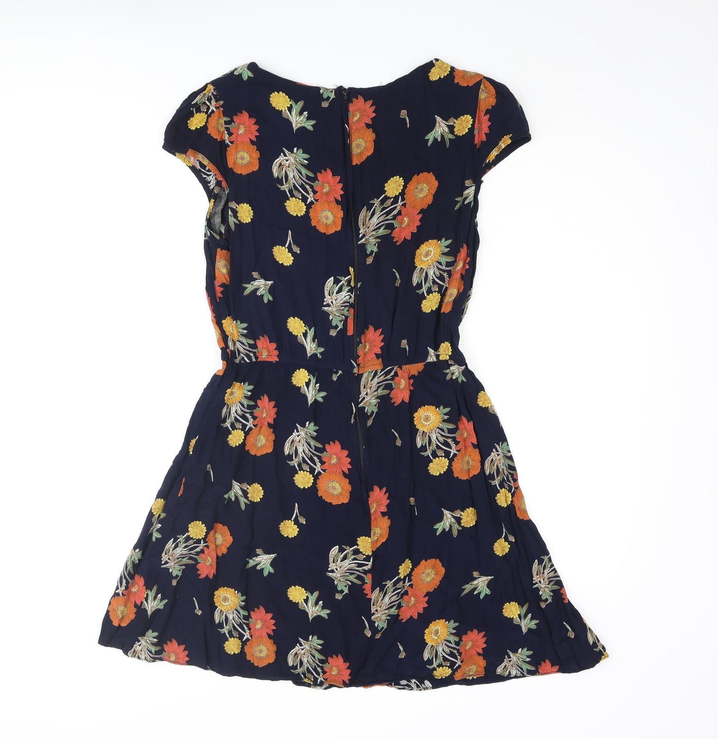 ASOS Womens Blue Floral Viscose Skater Dress Size 10 Round Neck Zip - Pleated