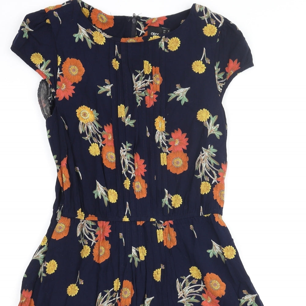 ASOS Womens Blue Floral Viscose Skater Dress Size 10 Round Neck Zip - Pleated