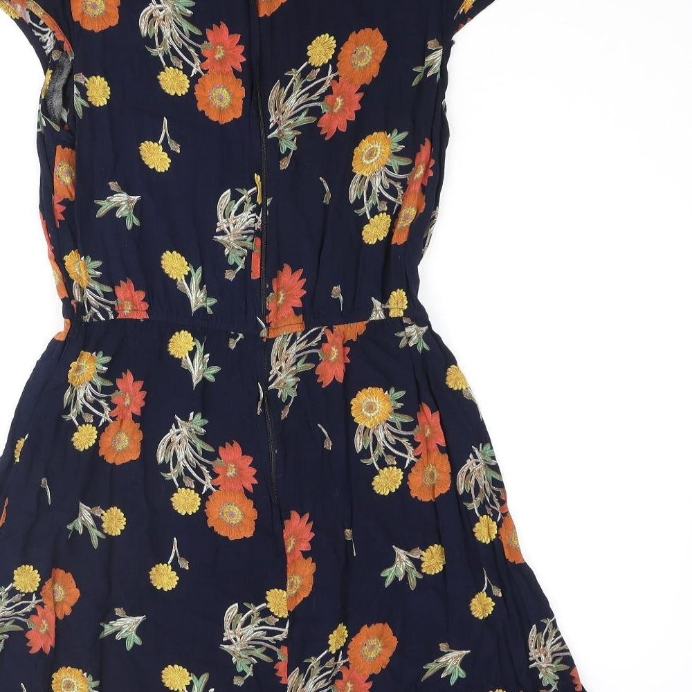 ASOS Womens Blue Floral Viscose Skater Dress Size 10 Round Neck Zip - Pleated