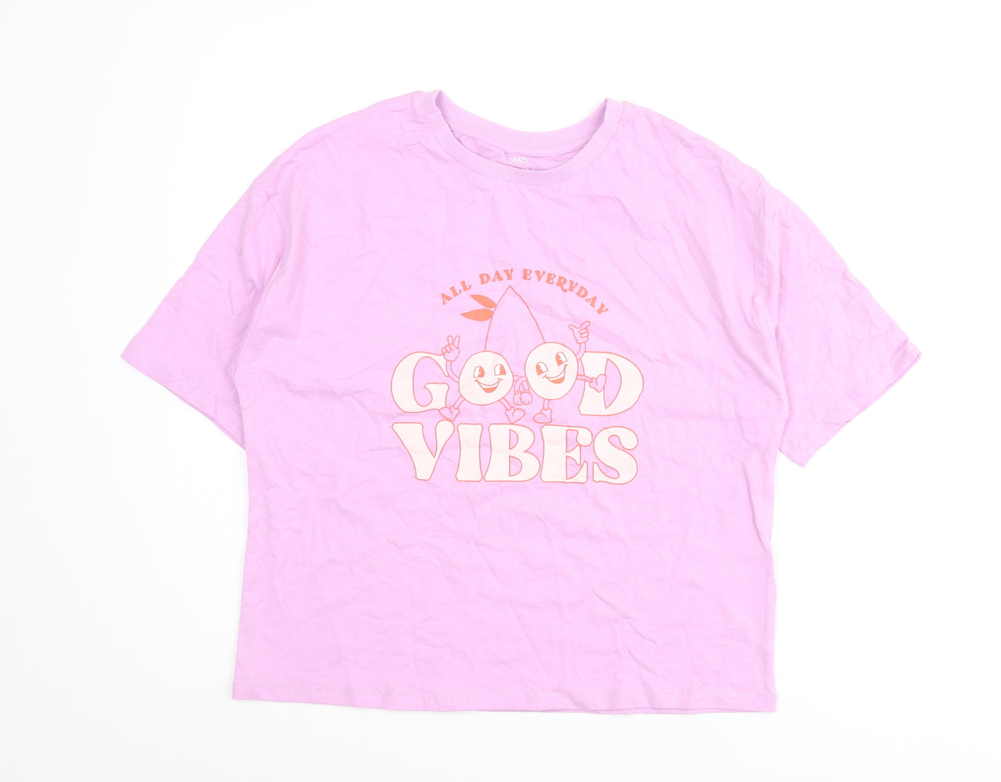 Marks and Spencer Girls Pink Cotton Basic T-Shirt Size 13-14 Years Crew Neck Pullover - Good Vibes