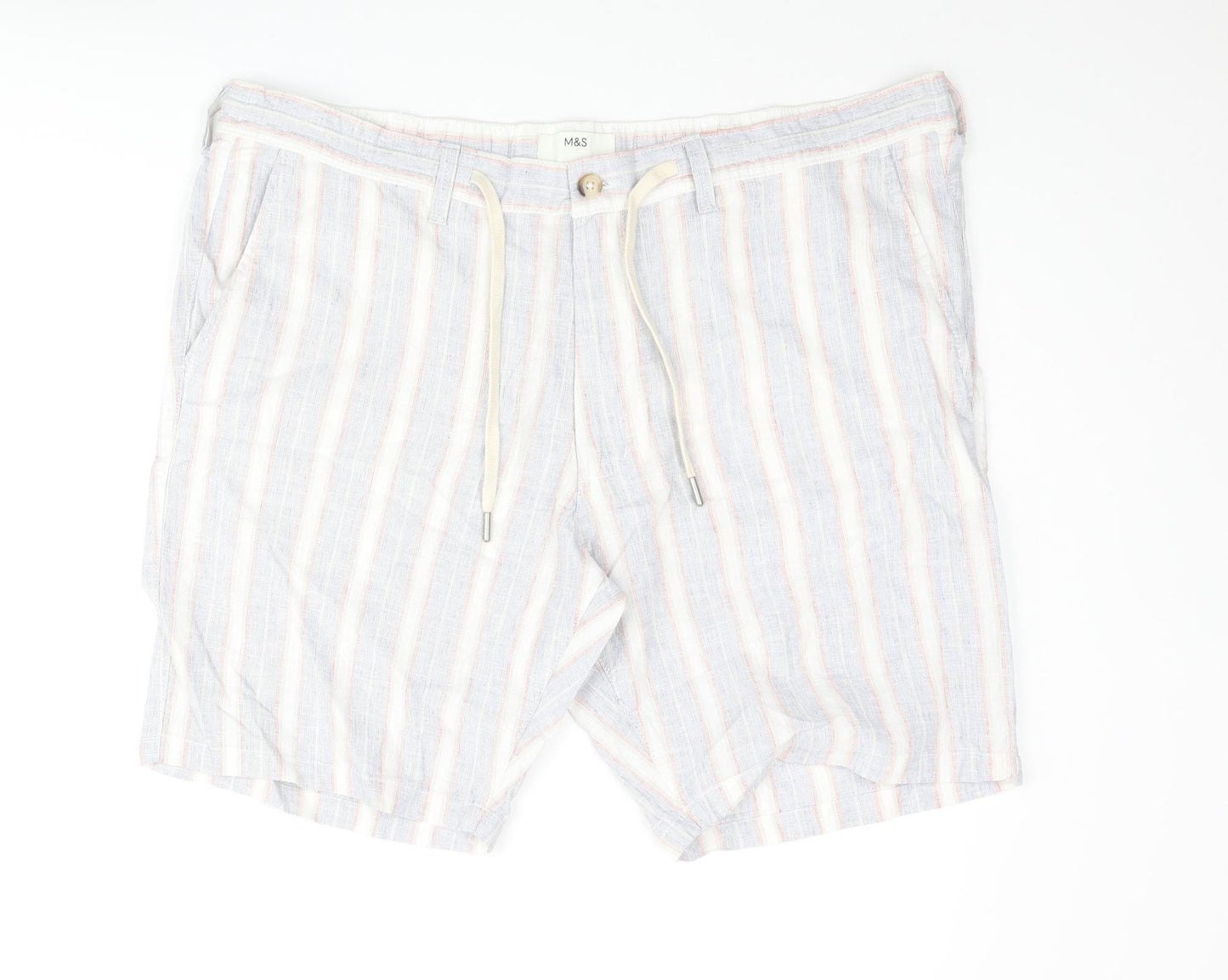 Marks and Spencer Mens Multicoloured Striped Linen Bermuda Shorts Size 42 in L9 in Regular Zip - Drawstring