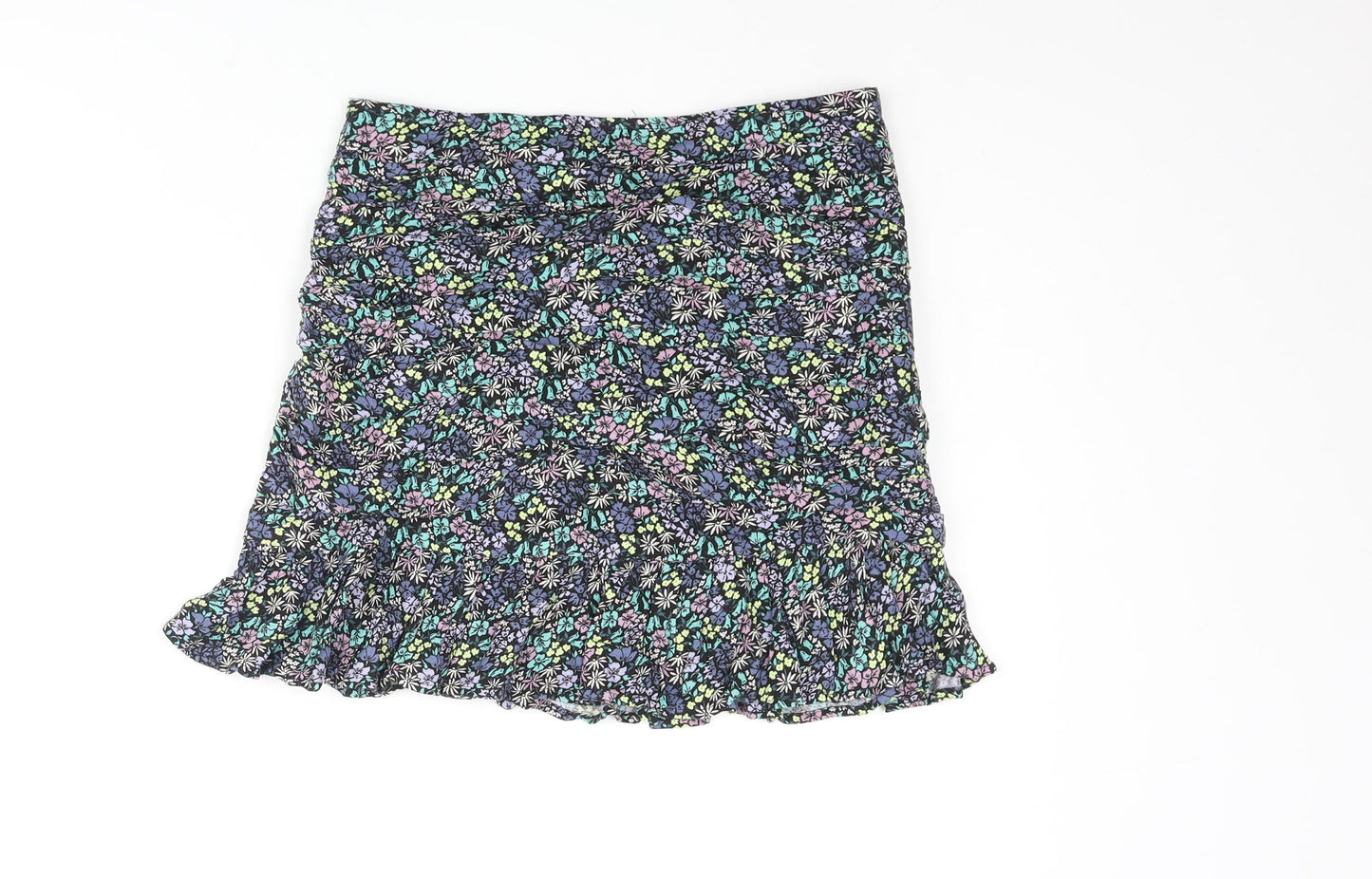 Marks and Spencer Girls Multicoloured Floral Vinyl Mini Skirt Size 11-12 Years Regular Zip - Rouched Frill