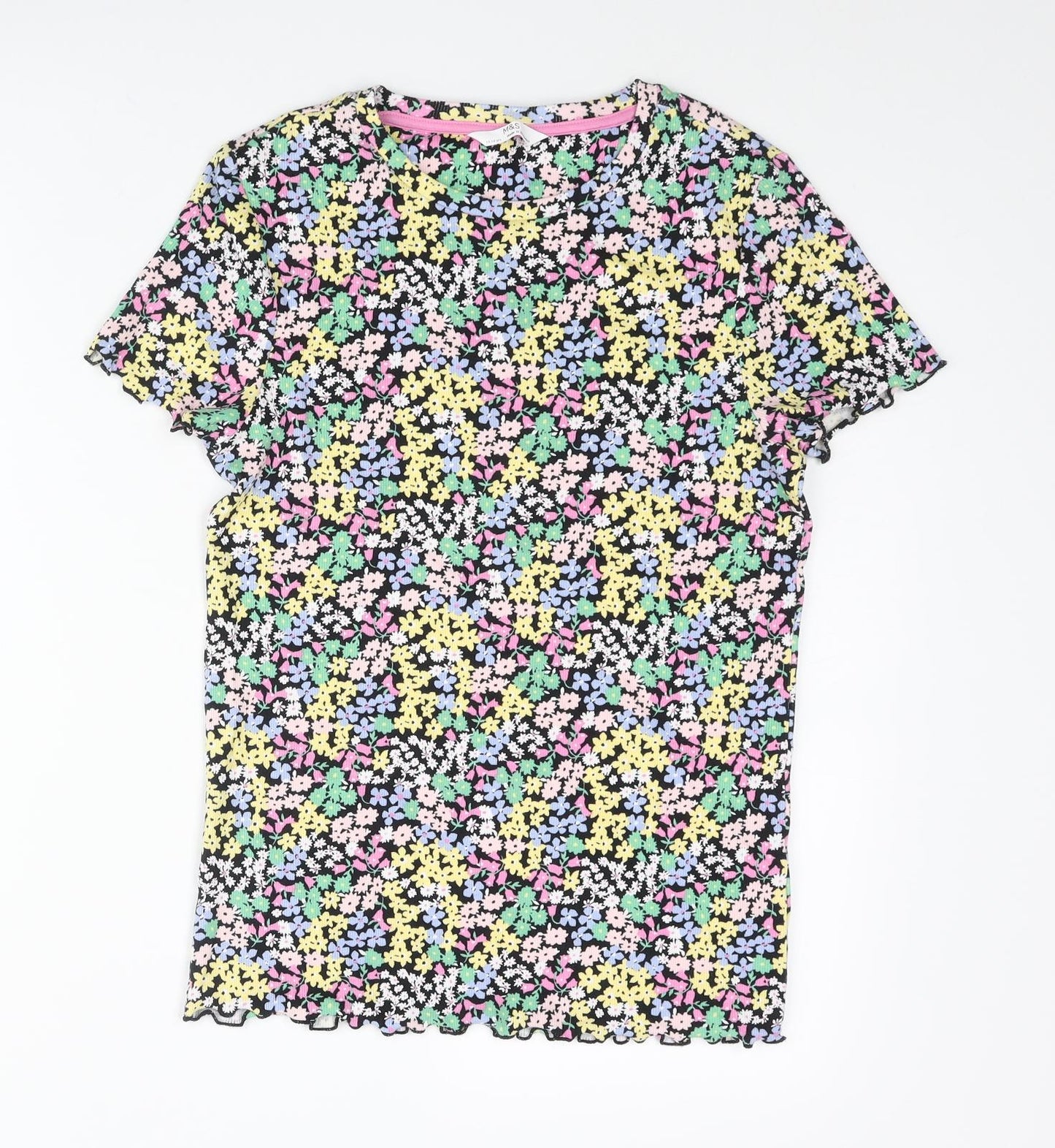 Marks and Spencer Girls Multicoloured Floral Polyester Basic T-Shirt Size 13-14 Years Crew Neck Pullover - Frill