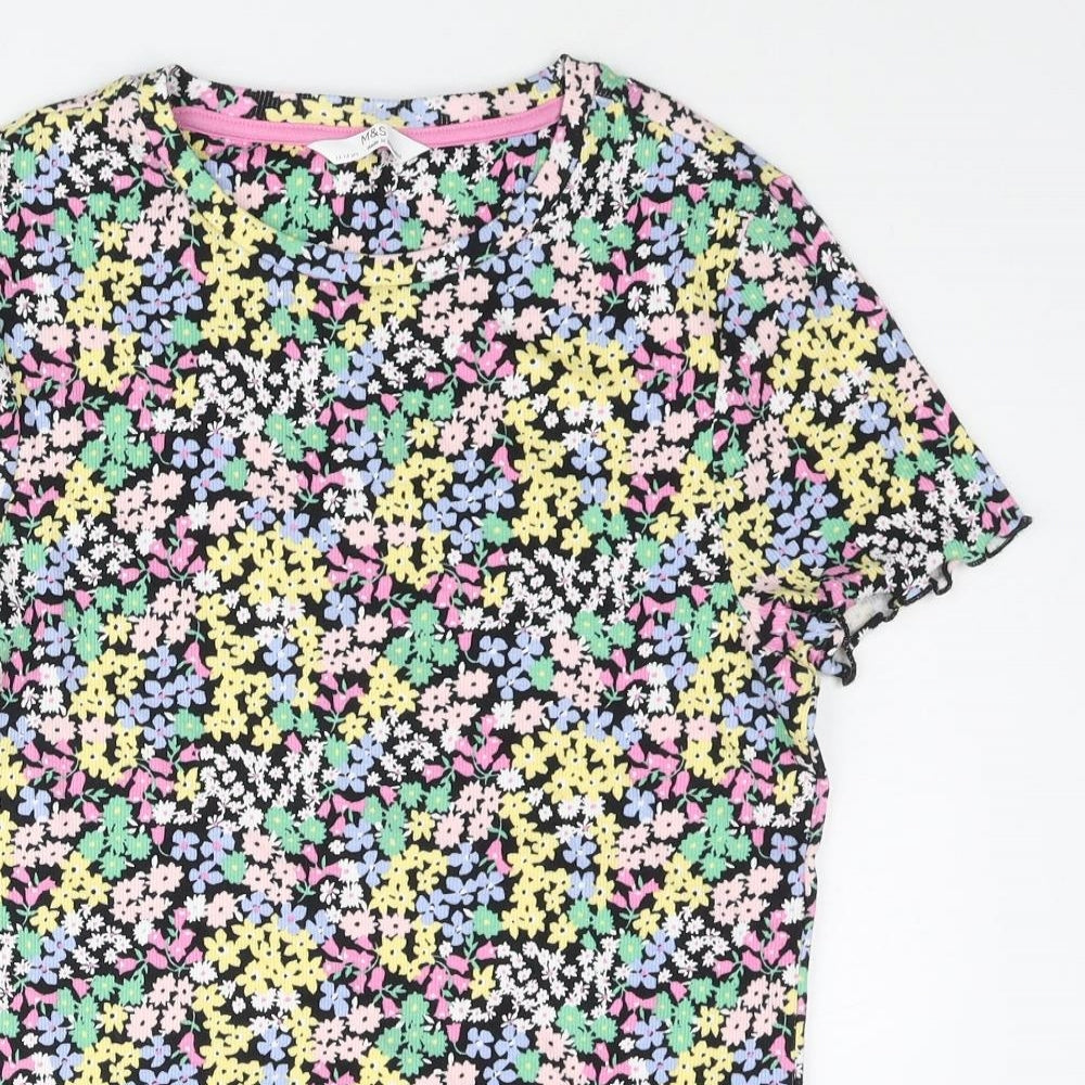 Marks and Spencer Girls Multicoloured Floral Polyester Basic T-Shirt Size 13-14 Years Crew Neck Pullover - Frill