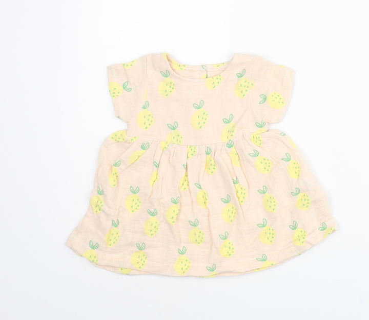 Marks and Spencer Girls Pink Geometric Cotton A-Line Size 3-6 Months Round Neck Button - Pinapple