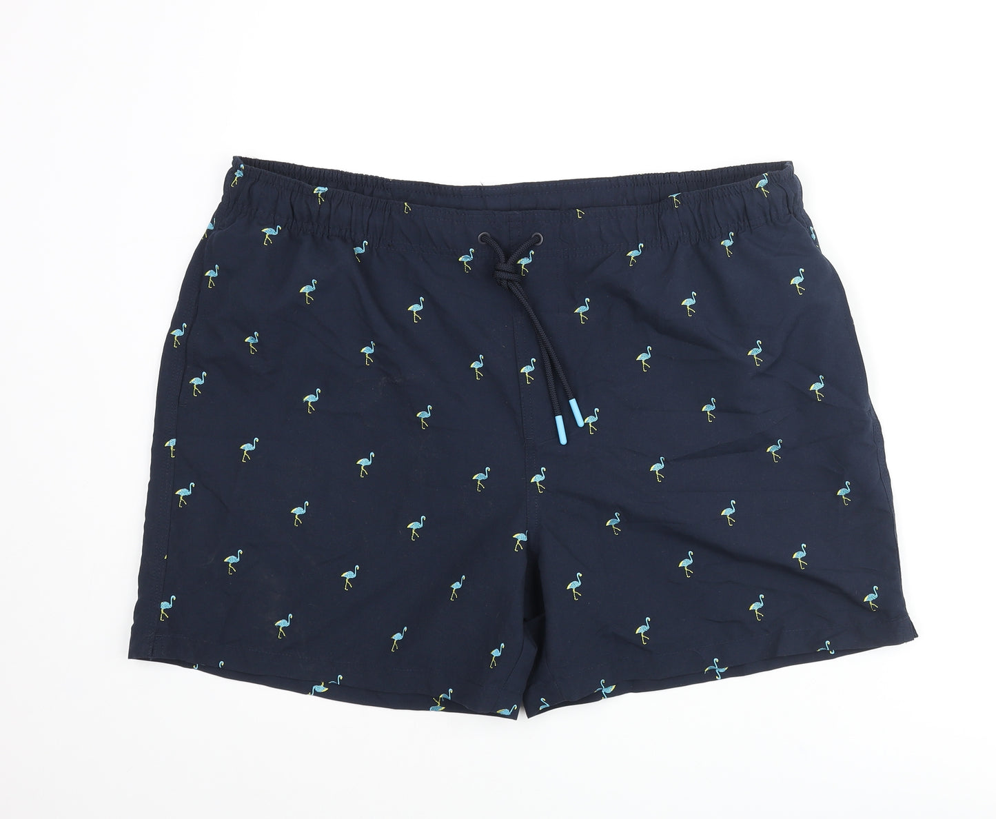 Marks and Spencer Mens Blue Geometric Cotton Sweat Shorts Size 2XL Regular Drawstring - Embroidered Bird Swim Shorts